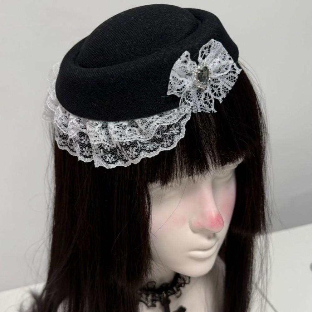 Elegant Lace Billycock Hat Sweet Heart Crystal Round Hat Hair Accessories Bow Pillbox Hat  Party