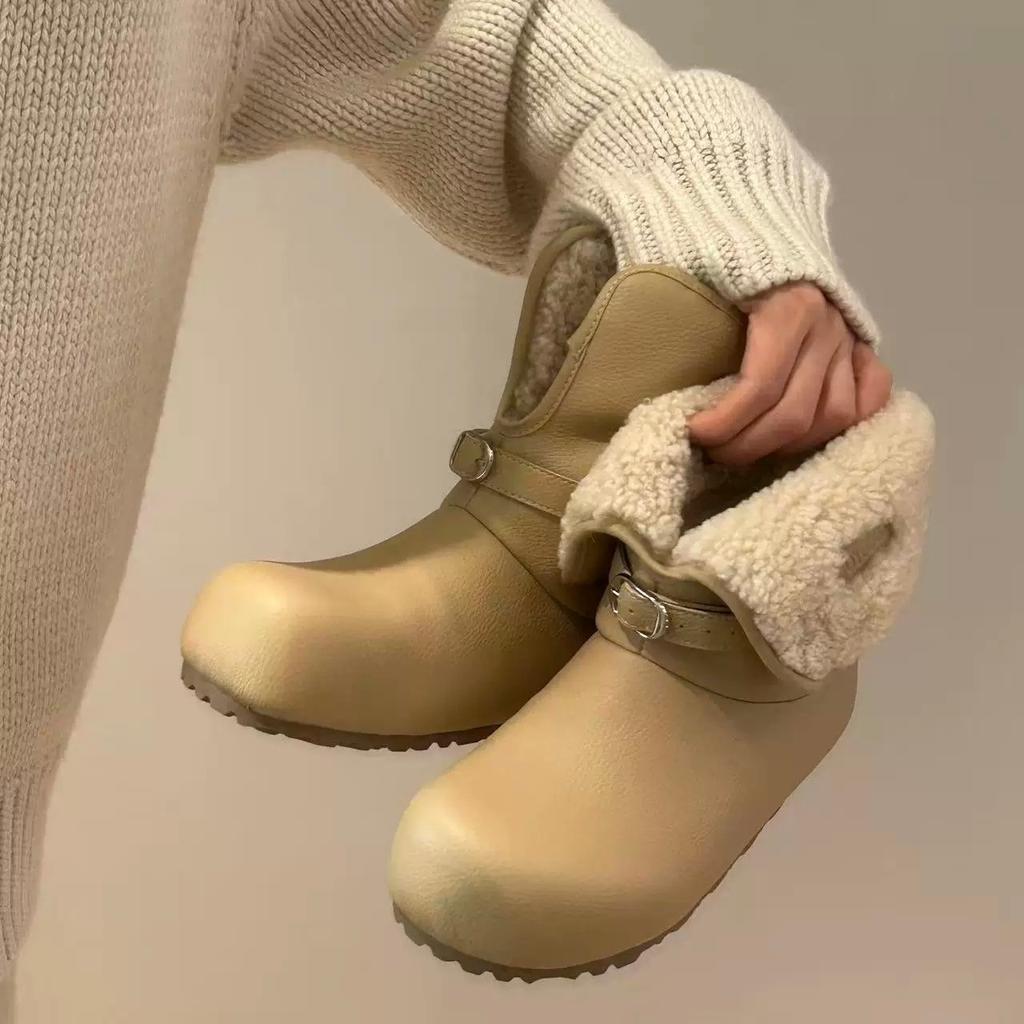 Women's Soft Elastic Flip-fold Two Wear Thick Bottom Winter Fur One Warm Cold Padded Snow Boots Non-slip Wear Casual Sports Cotton Boots