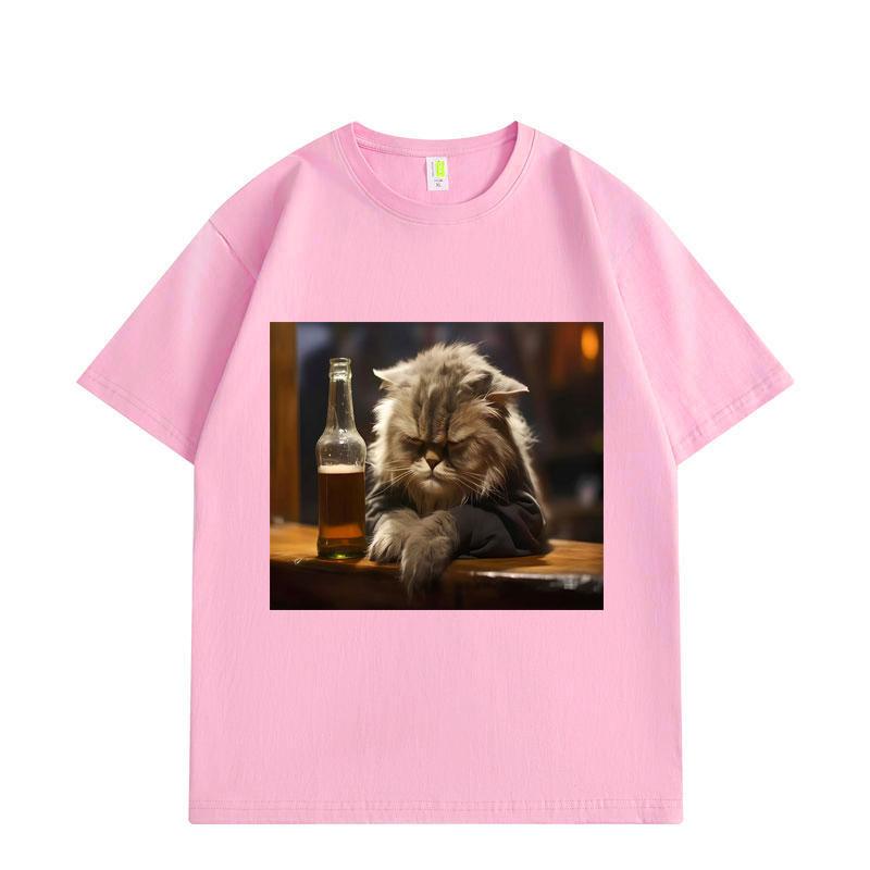Funny Drunk Cat Graphic T Shirts Men Women Clothing Oversized Cotton Fashion T-shirts Summer  Loose Short Sleeve T-shirt