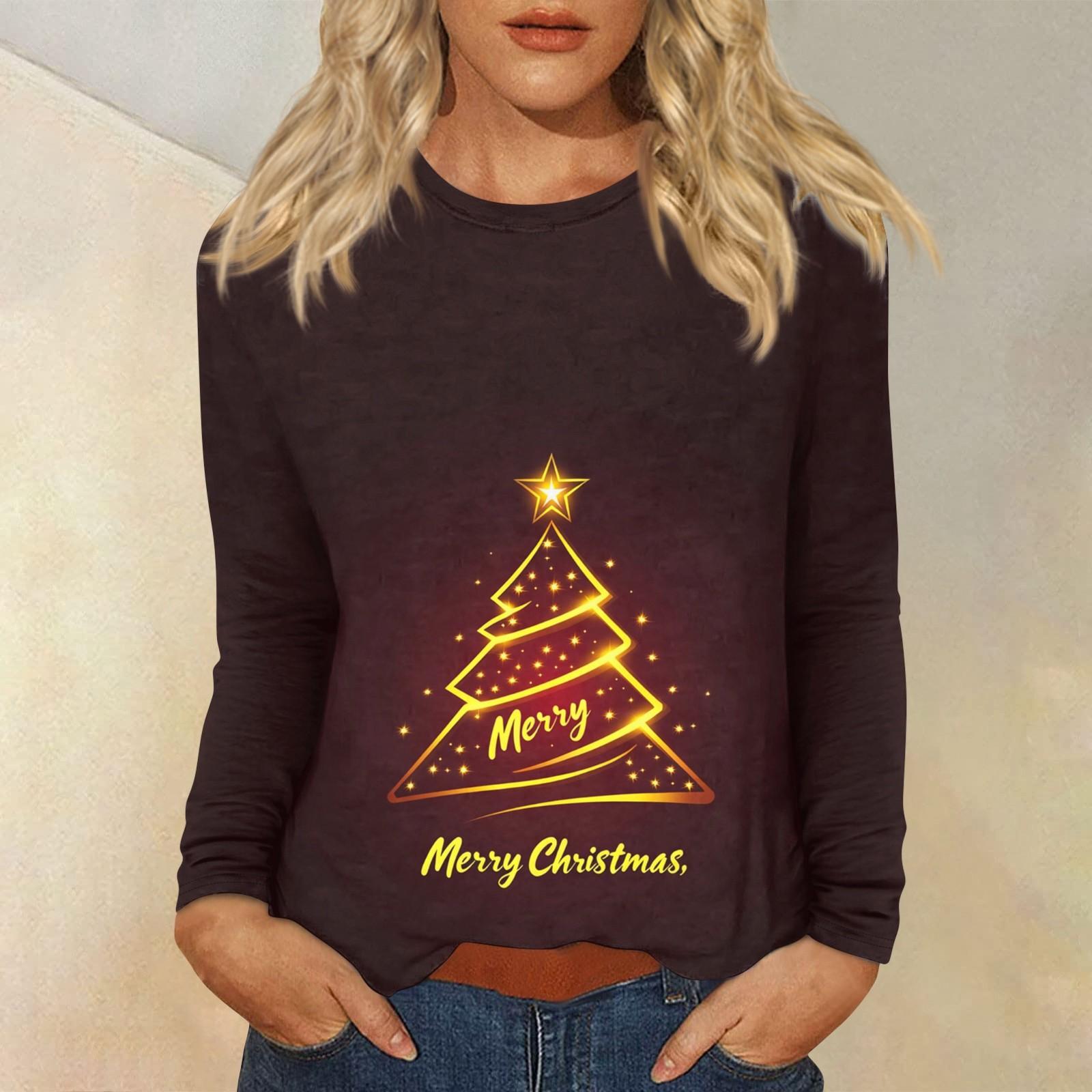 

Женский повседневный повседневный топ с длинными рукавами и рождественским принтом с круглым вырезом XL коричневый