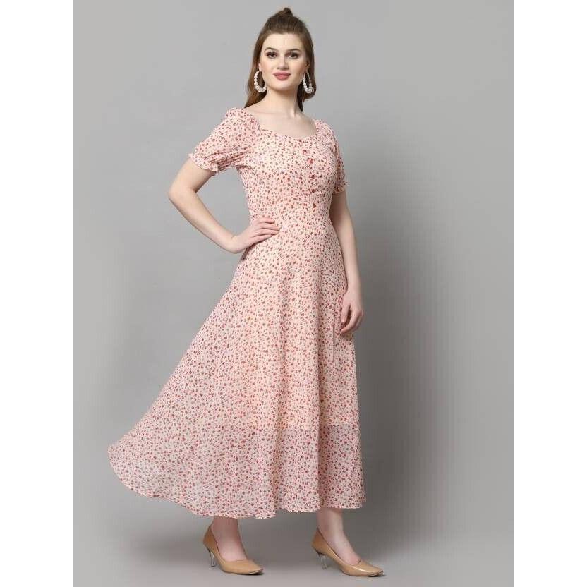 Women Fit and Flare Printed Georgette Maxi Dress with Polyester Lining Dress VF-1809