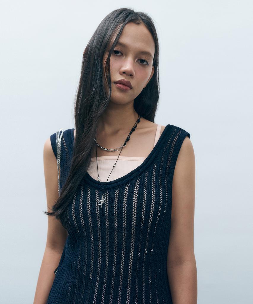 Mongdol Crochet Knit Layered Dress Navy Mdop053Navy