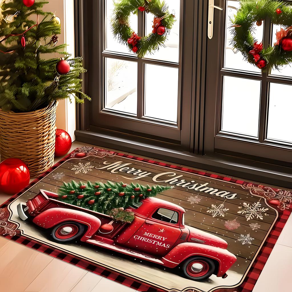 Christmas Day Ambiance Entry Door Mat Vintage Red Truck Christmas Tree Pattern Non Slip Absorbent Carpet Home Decor
