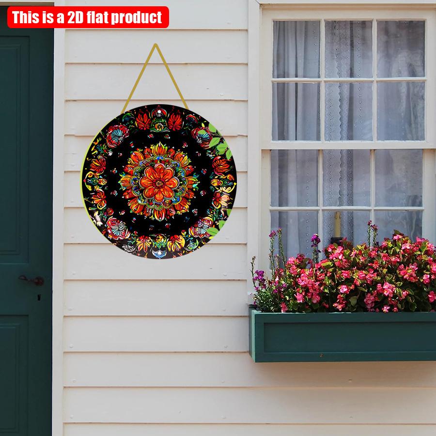 2D Flat 20*20cm 1pc Retro Flame Mandala and Floral Design Round Ornament, Mysterious Style Bright-coloured Patterns Symmetry Environmental Embellish