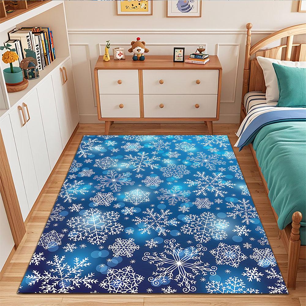 White Snowflakes On Blue Background Patterned Carpet, Suitable As a Non Slip Play Mat for the Living Room and Bedroom Sofa