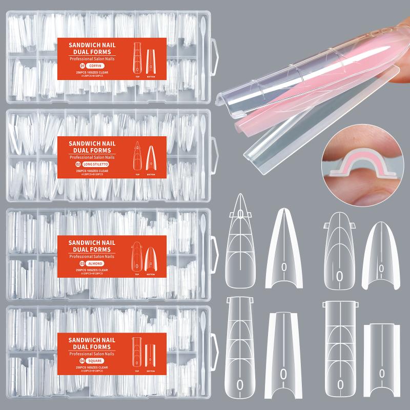 [JN] 256pcs Sandwich Dual Nail Form For Nail Extension Almond Coffin 16 Size Reusable Top Bottom Form Nail Art Extension Tool