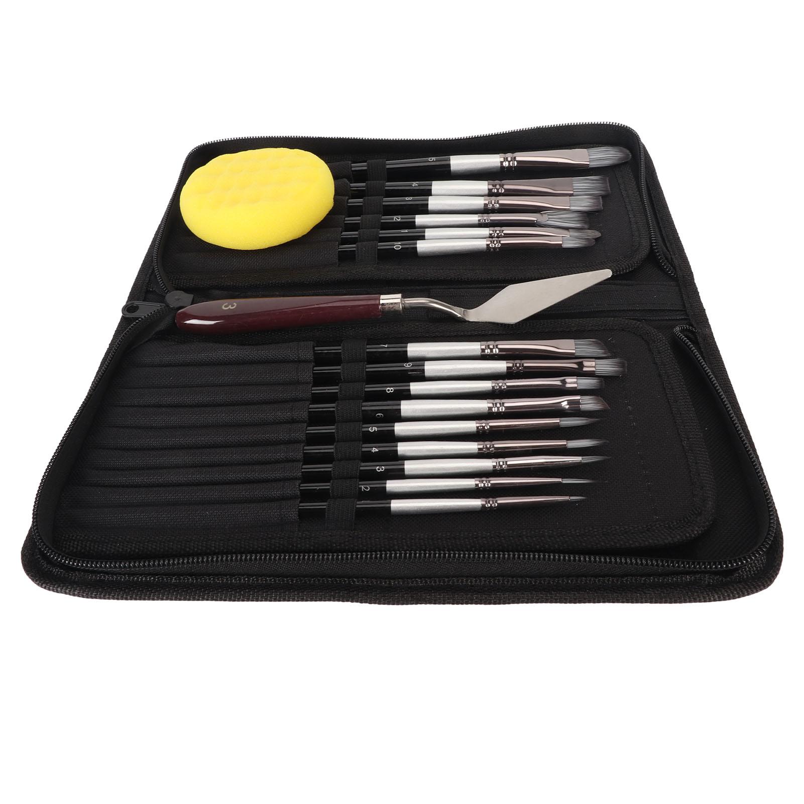 

15 Pieces Paint Brush Set Comfortable Grip Neat Brush Stroke Watercolor Brush Set with Scraper Sponge Cloth Bag for Oil