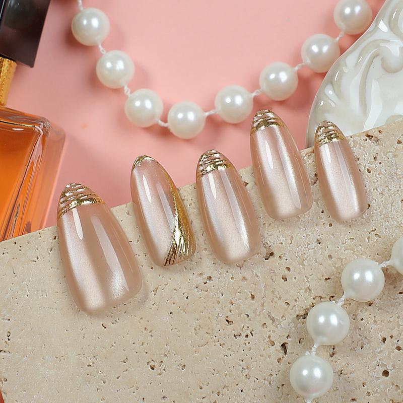 Set of 30 Almond-Shaped Cat-Eye Press-On Nails with Gilded Edges – High-End, Light Luxury Style, In Stock.