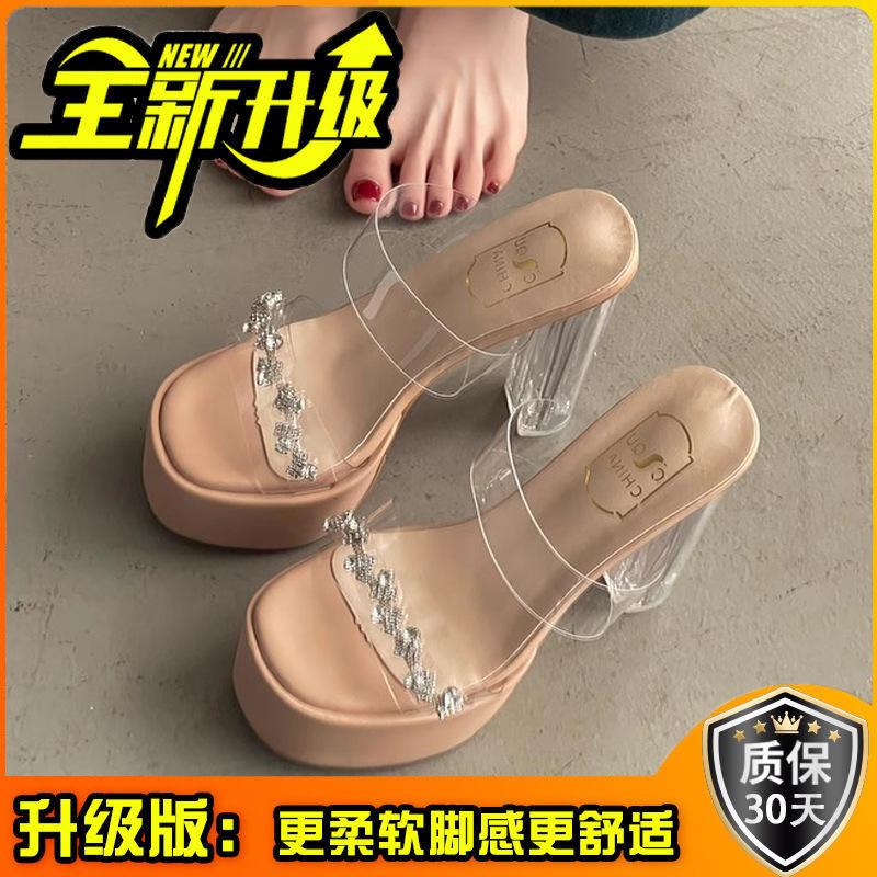 Rhinestone Word with Waterproof Table Transparent Sandals Women's Summer Wear 2025 Summer New Crystal Thick Heel Super High Heels