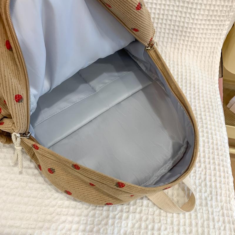 Cord-Rucksack mit Erdbeer-Print im College-Stil für Schüler, Schultasche mit großem Fassungsvermögen