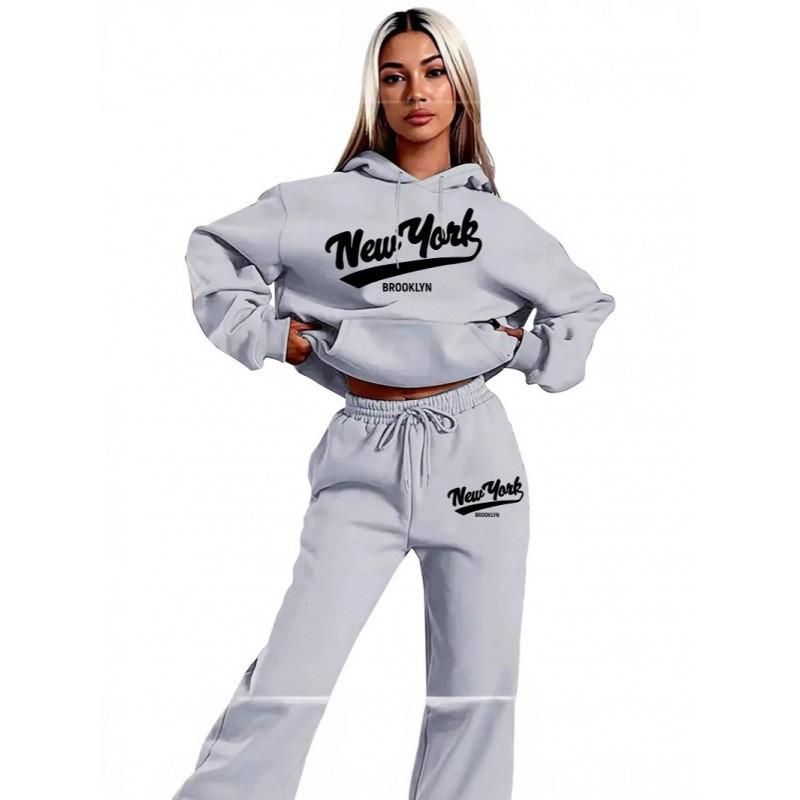 Womens 2026 New York Print Hooded Sweatshirt Set With Fleece-Lined Pants Fall Winter Outfit Streetwear Casual Tracksuit