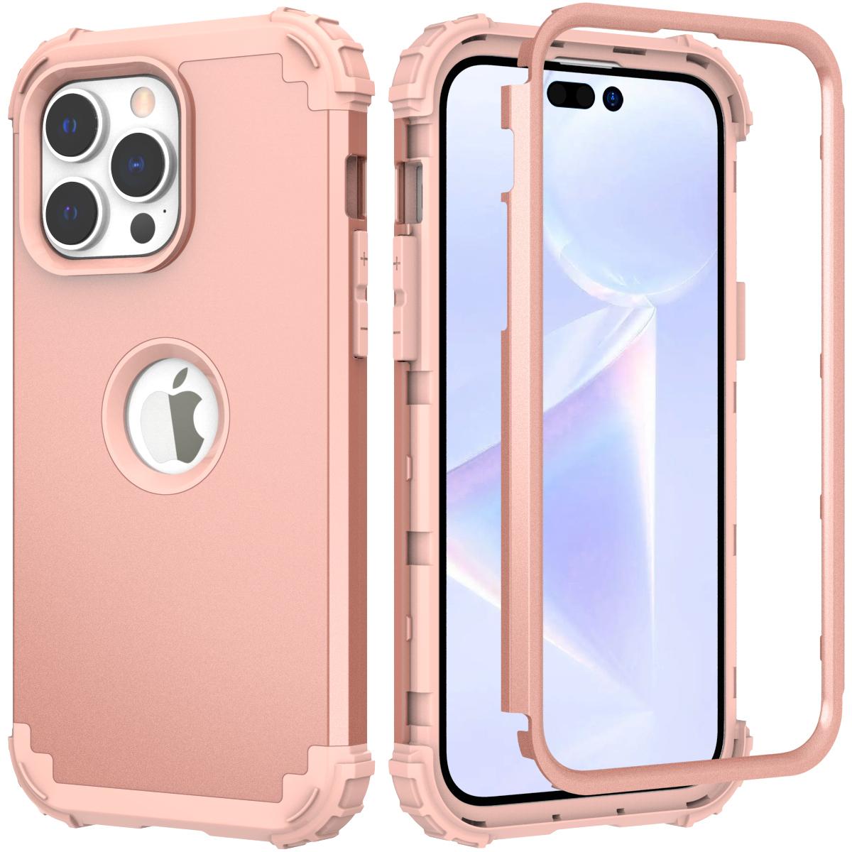 

For iPhone 15 Pro Max 3-in-1 PC+Silicone Phone Case Anti-drop Cell Phone Cover Rose Gold