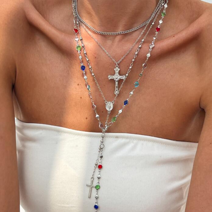 4 Pcs Simple Zircon Pearl Design Pendant Choker Necklace Set for Women Vintage Colorful Crystal Long Y-shaped Necklaces Jewelry