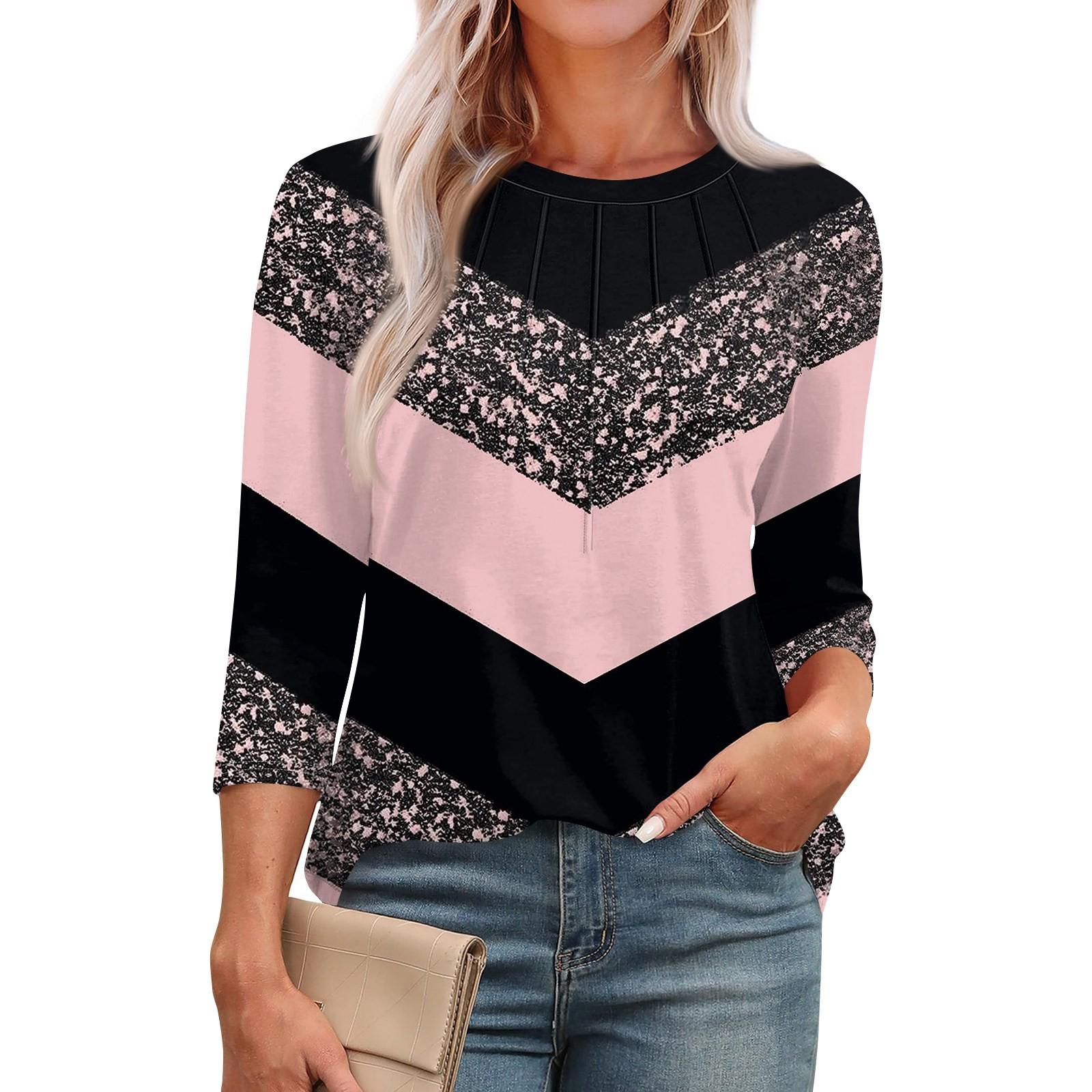 

Женская модная повседневная футболка с круглым вырезом и рукавом семь четвертей в стиле ретро с принтом, плиссированная футболка XXL розовый