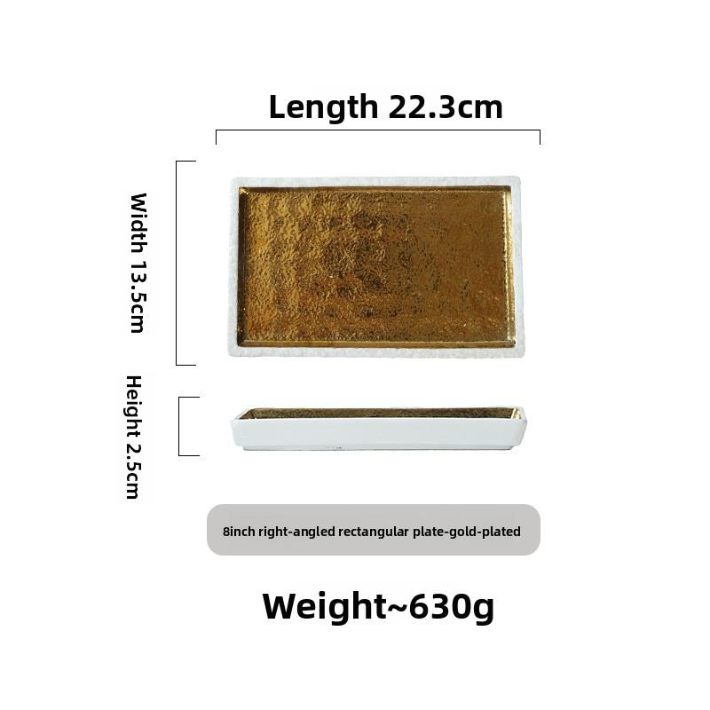 Gold Plated Rectangle Tray Sushi Platter BBQ Ceramic Dish Japanese Style Flat Plate Commercial Tableware