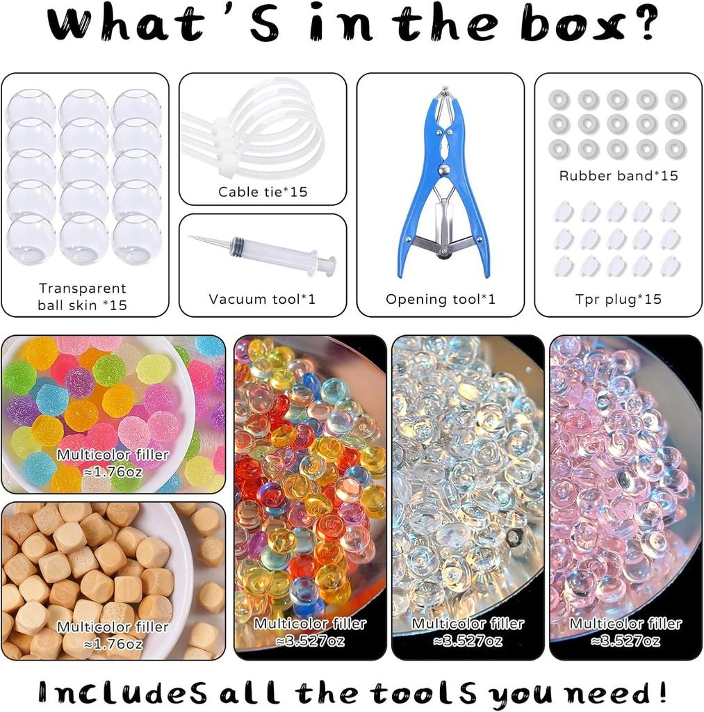 DIY Stress Ball Making Kit-Easy DIY- 15 TPR Skins, Total 14oz of Various fillers, Create ASMR Anxiety Relief Toys, Handmade Squishy Stress Balls