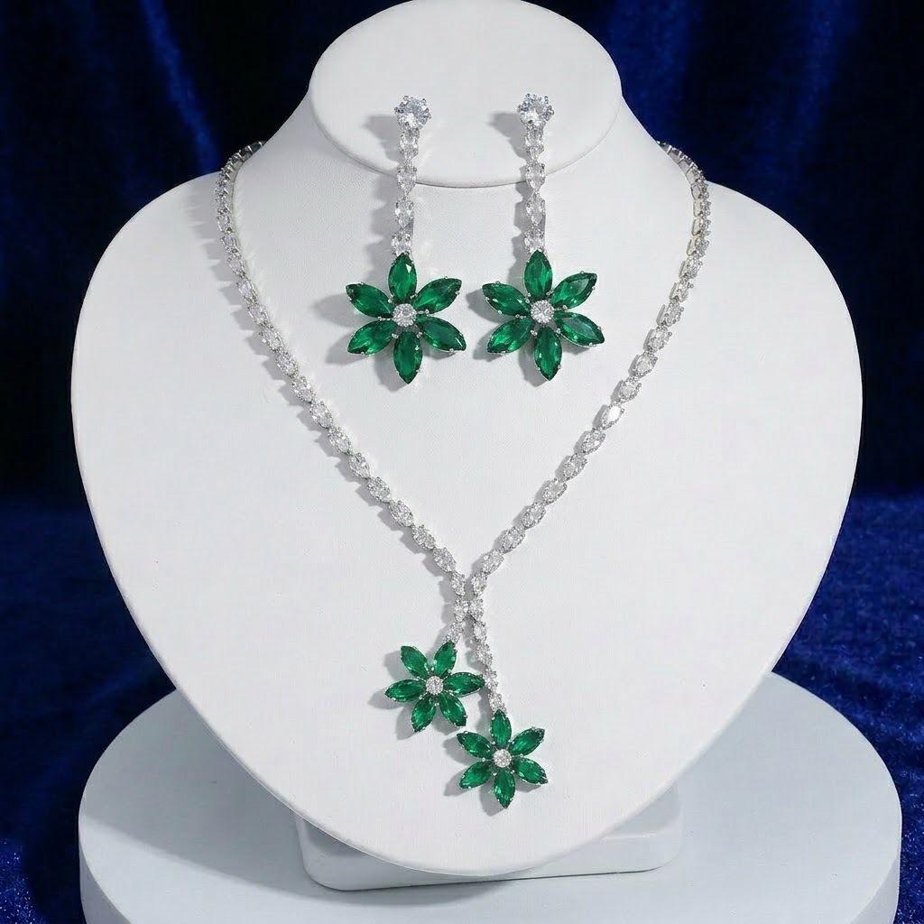 European & American Style Zircon Emerald Necklace & Plum Blossom Earrings Set