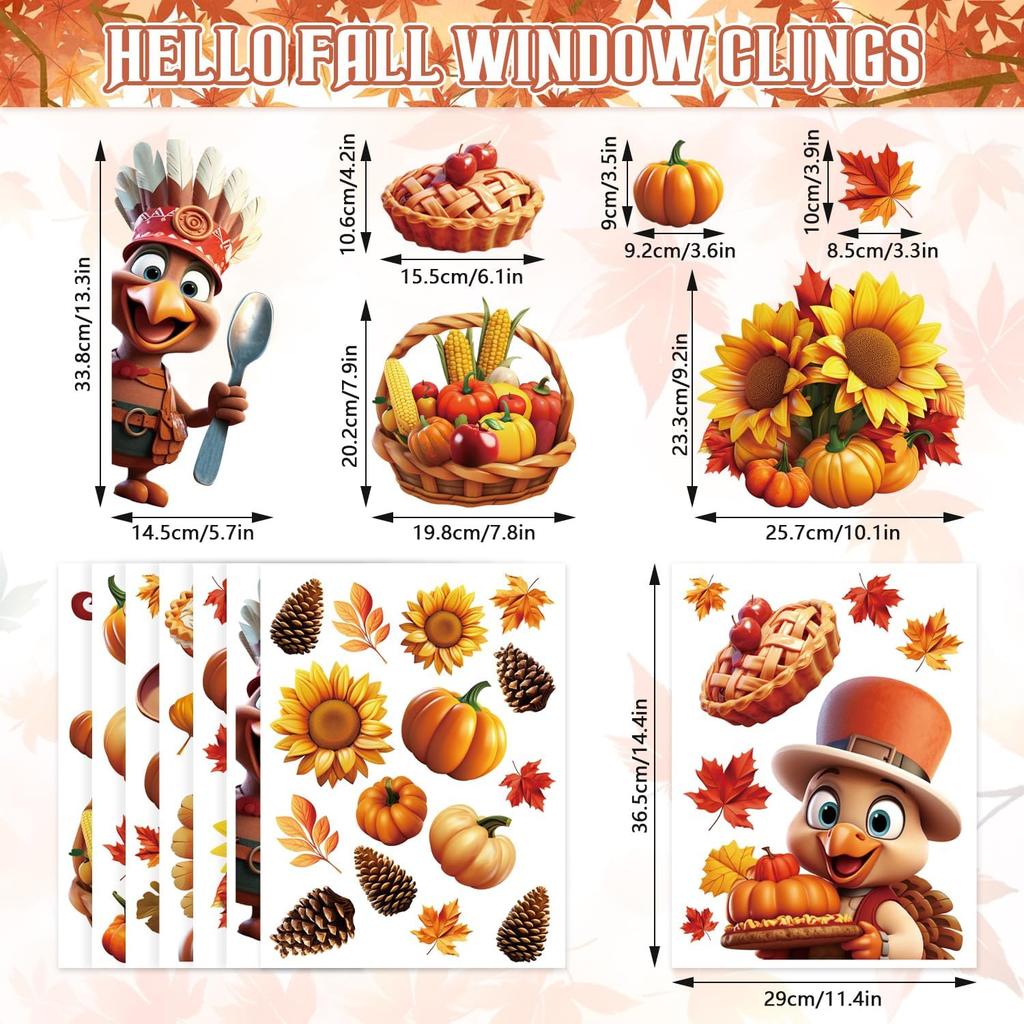 Thanksgiving Window Clings, 3D 8 Sheets Fall Window Clings Double Sided Turkey Pumpk Window Stickers for Glass Window Thanksgiving Fall Decorations