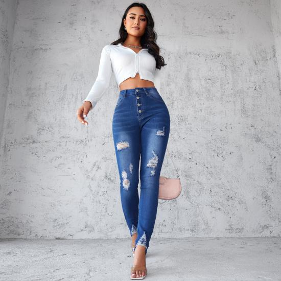 2024 Spring Edition Slim Fit Blue Breasted Small Leg Pants Pencil Pants European And American High Waisted Tight Jeans For Women