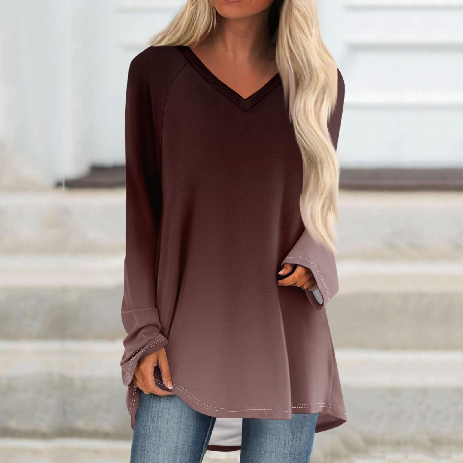 

Женская и зимняя футболка с длинными рукавами и V-образным вырезом с принтом, повседневная, длинная, свободная L кофейный