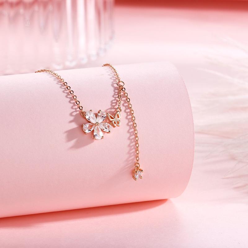 S925 Sterling Silver Cherry Blossom Butterfly Tassel Necklace - Women s Sweet Flower Clavicle Chain Jewelry, Trendy Ins Style Pendant 925 Silver розового золота