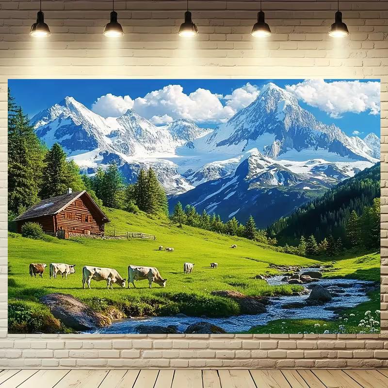 2D Party-Hintergrund Alpenlandschaft, Schweizer Chalet, Kühe und schneebedeckte Berge