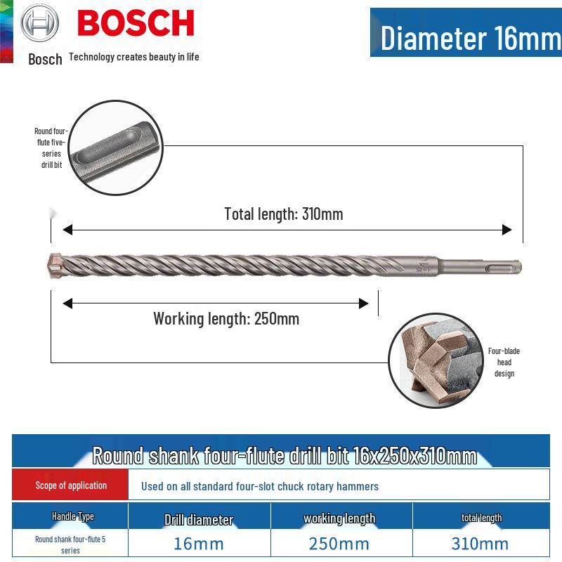 Bosch 5-Series Electric Hammer Drill Bit, Four-Groove, Cross Wall-Penetrating, Extended Length, Round Shank for Concrete.