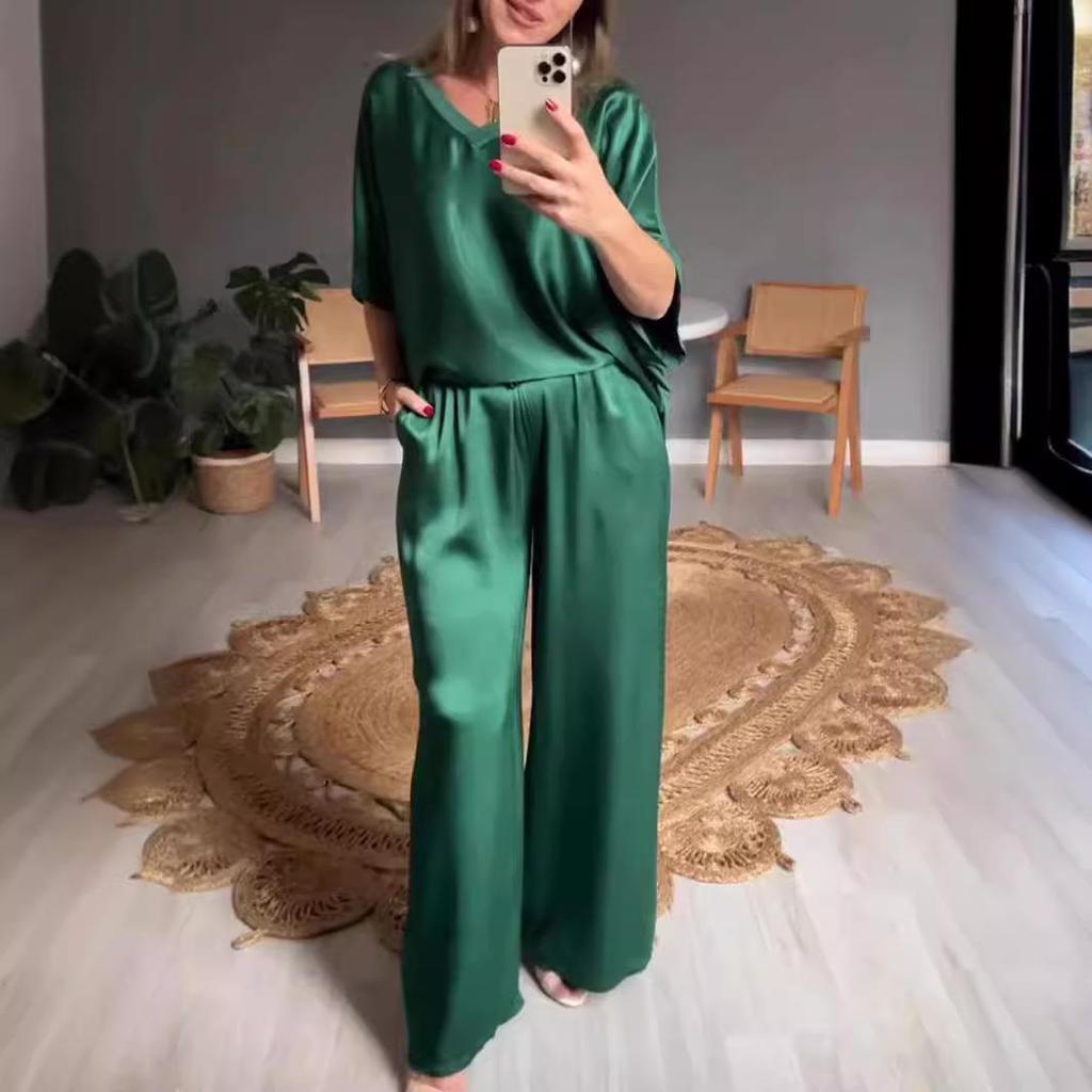 2025 Sommer Seide V-Ausschnitt Lässiges Einfarbiges Set für Damen