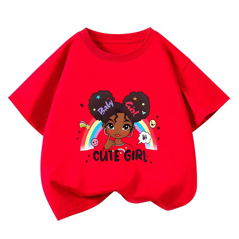Girls  Cartoon Print Round Neck T-Shirt - Casual Summer Short Sleeve 160 cm красный