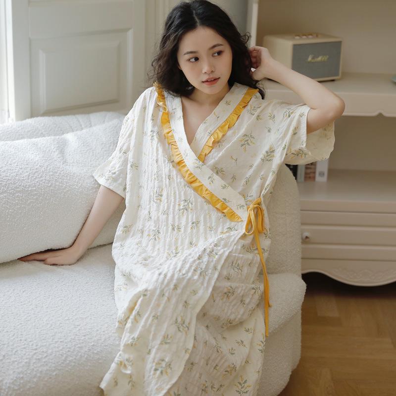 2025 Summer Kimono Maternity Nightdress - Crinkle Cotton, Postpartum Mid-Length, Short Sleeve Nursing Dress