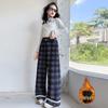 Girls' Plus Velvet Plaid Wide-Leg Pants - Warm, Stylish, and Loose Fitting for Autumn/Winter.