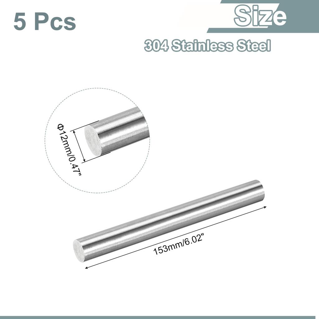 uxcell Set 304 Stainless Steel Rods 12mm x 153mm Solid Metal Shafts Round Bars for Model DIY Metalworking 5-Piece Lathes, Airplanes, Cars, Boats,