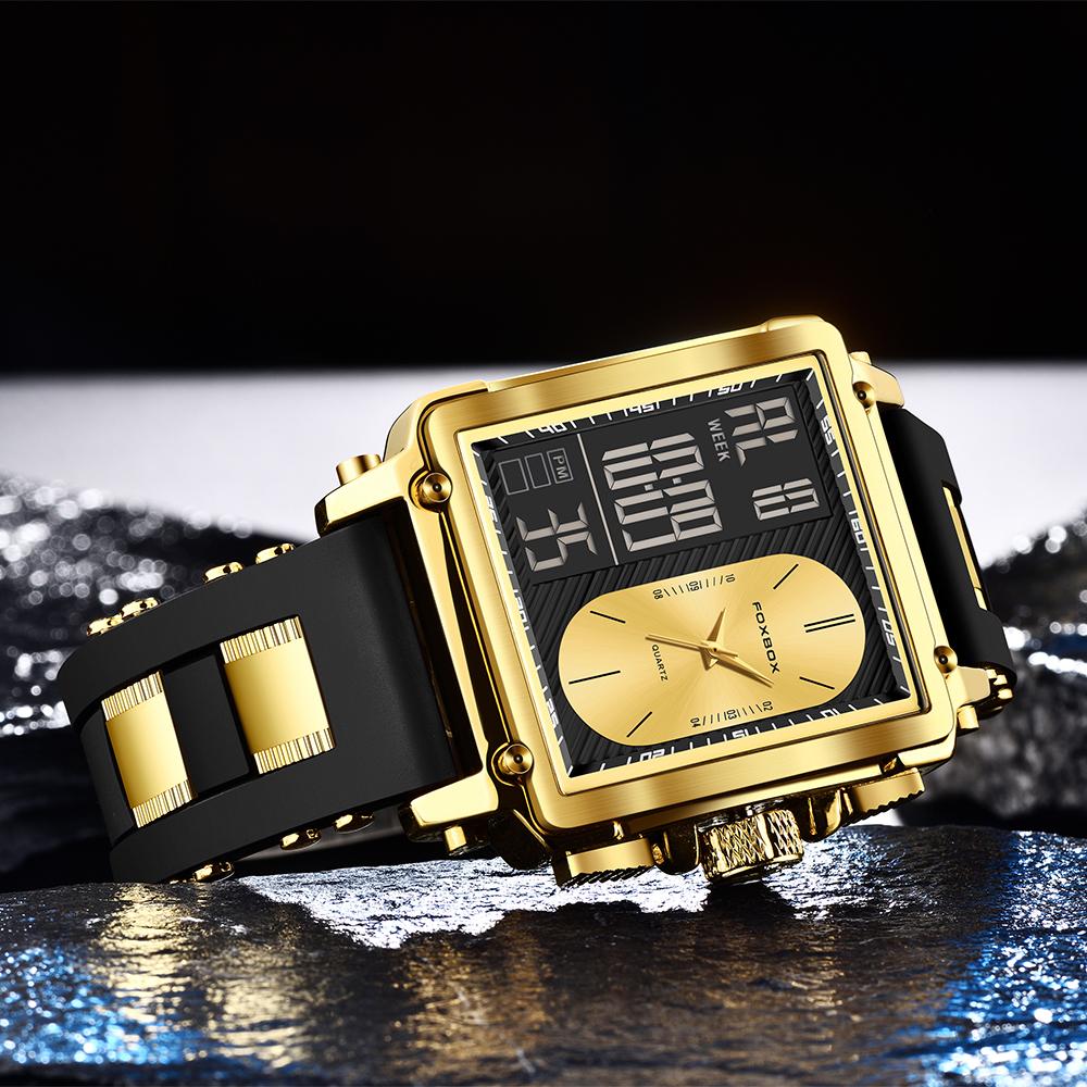 FOXBOX Top Brand Luxury Men Watch Fashion Square Watch Men Casual Sports Waterproof Double Display Watch Relogio Masculino