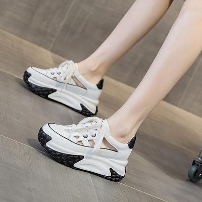Daddy Shoes Leather Surface Hollow Women 2025 Summer New Retro Lightweight Inner Height Increase Casual Sports Shoes Platform Sandals