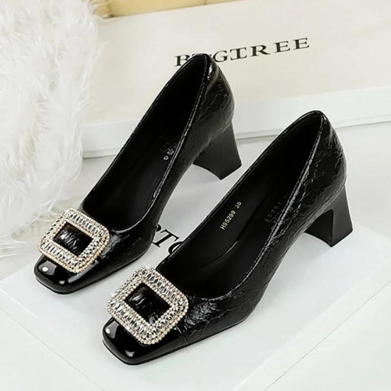 BIGTREE Spring and Autumn Women Pumps Square Toe Rhinestone PU 5CM Square Heel Shallow Square Button Dress Woman Shoes