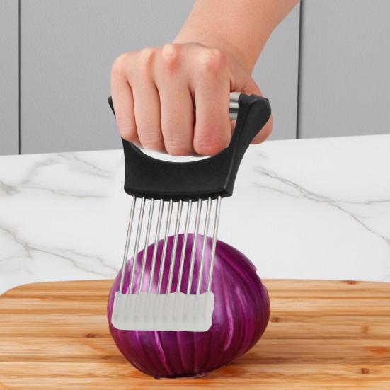 Stainless Steel Onion Slicer Holder with Protective Cover Tomatoes Avocados Potato Kiwifruit Meat Lemon Vegetable Fruit Cutter Chopper Kitchen Gadget