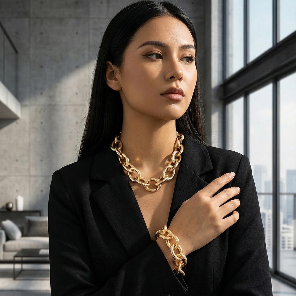 Gold exaggerated aluminum chain choker necklace bracelet combination set, niche jewelry