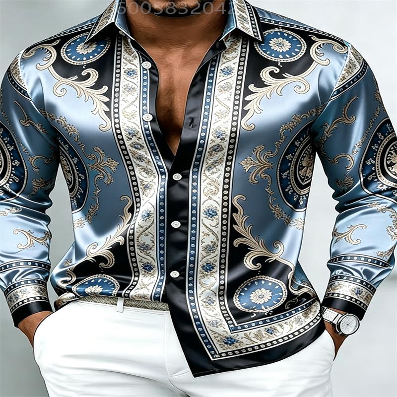 Men Silky Satin Button‑Down Shirt Vintage Silver Baroque Medallion Pattern Long Sleeve Turn‑Down Collar Male Banquet Party Casua