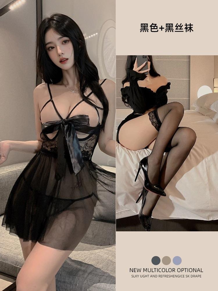 Strap milk leakage lingerie women's sexy suspender skirt large size bow princess wind mesh