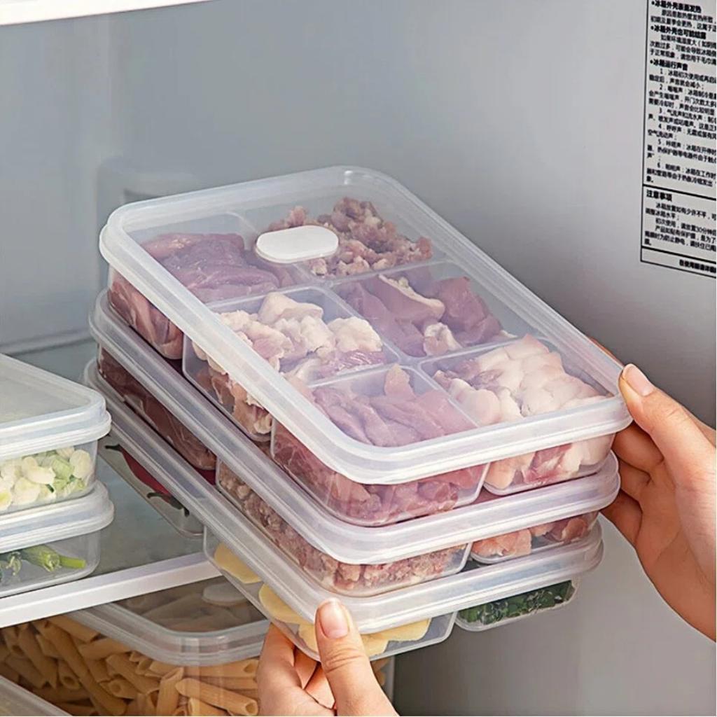 4/6 Fächer Kühlschrank Versiegelte Kunststoff-Fleisch-Frischhaltebox Zwiebel Ingwer Knoblauch Lebensmittelaufbewahrungsbehälter Gefrierkonservierungsbox