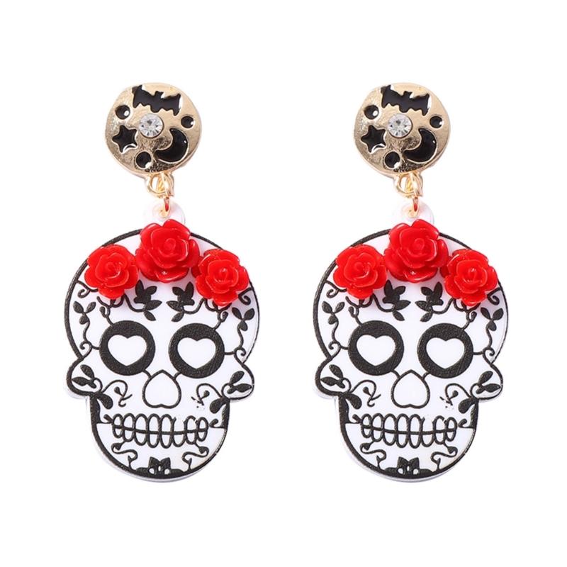 Halloween Acrylic Skull Drop Dangle Earrings Pair, Statement Jewelry for Party Outfits, Costume Wear and Seasonal Styling