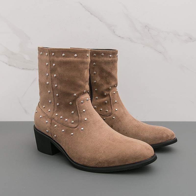 Men's Large Suede Leather Rivet Pointed Toe Ankle Boots - Medium Heel Fashion Knight Boots