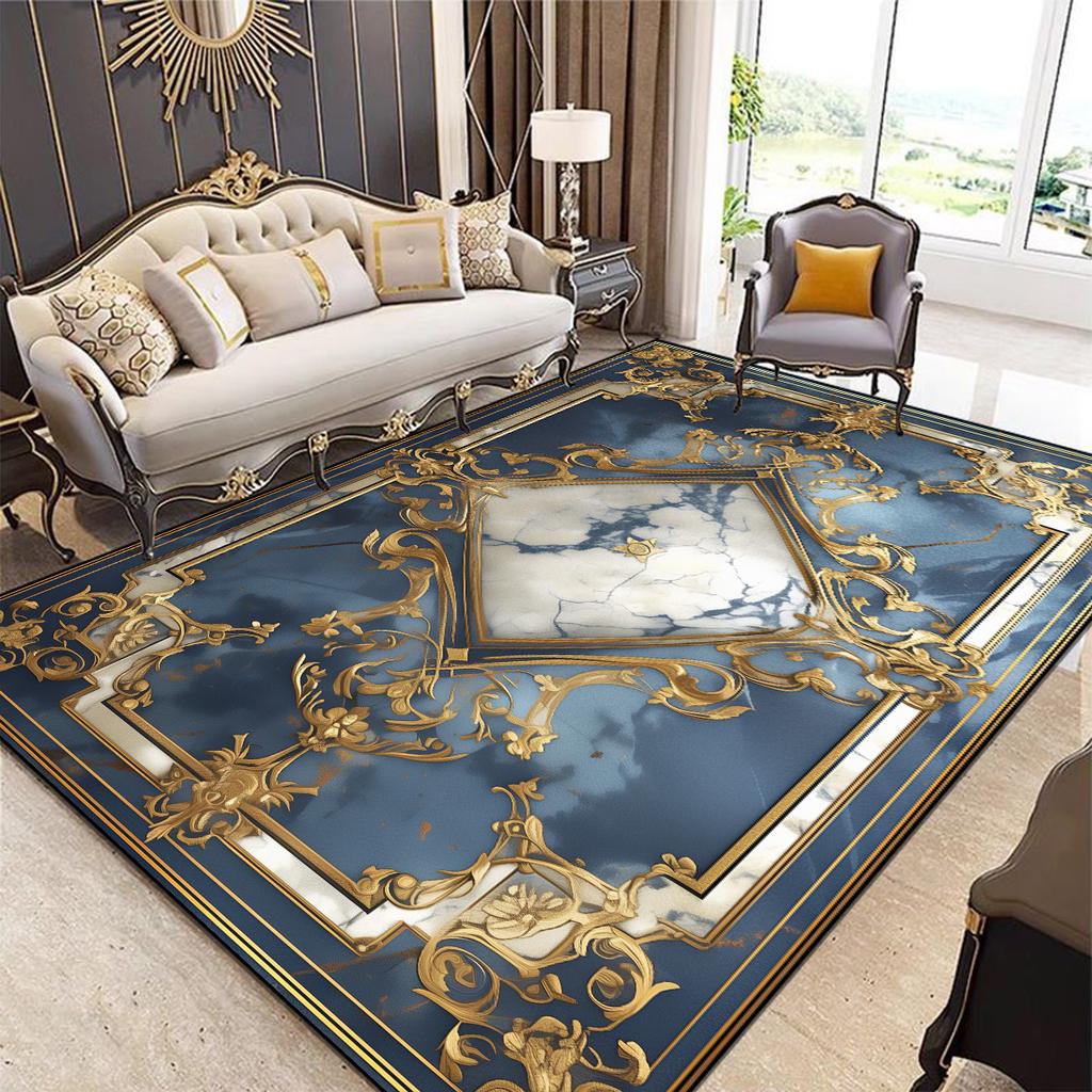 Luxusní evropský dekorativní koberec pro obývací pokoj modrý vykládaný zlatem velký rozměr sálový koberec protiskluzový pratelný podložka pro dekoraci ložnice