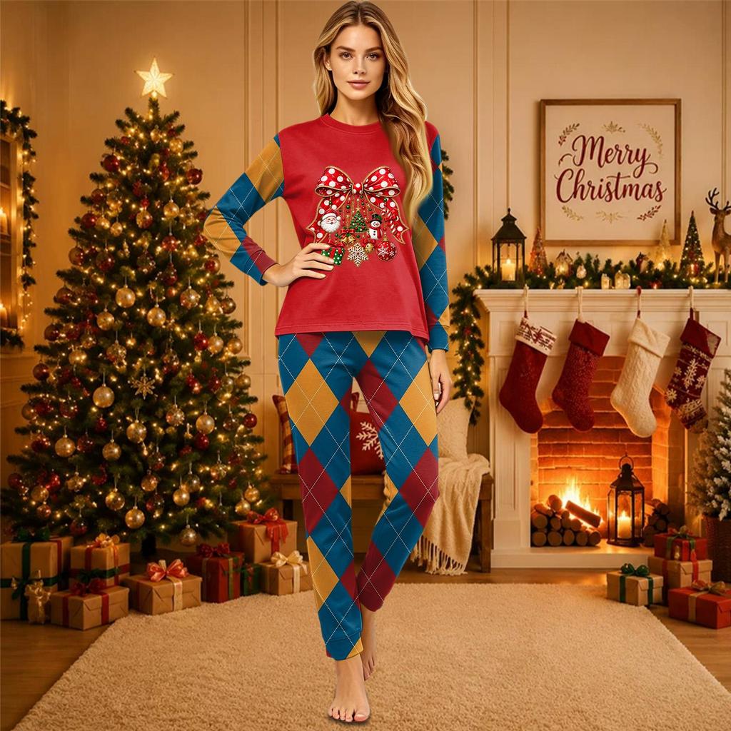 Christmas-print long-sleeve and long-pant matching family loungewear set