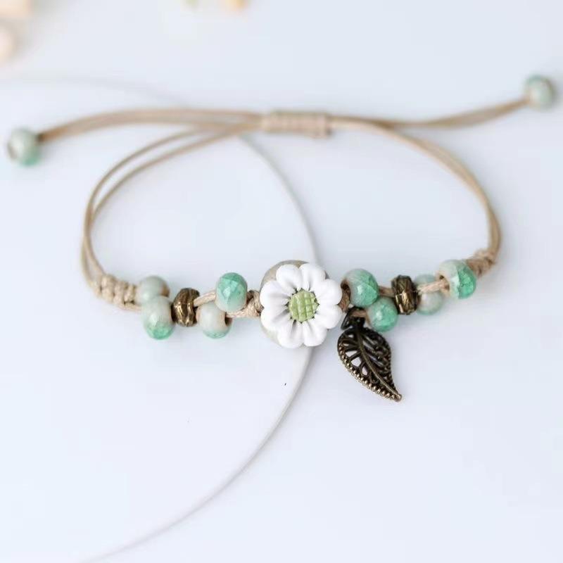 Retro ceramic flower woven bracelet niche literary hand rope small fresh bell bracelet female
