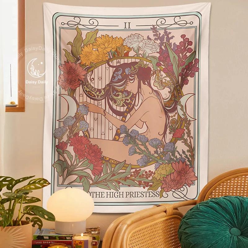 The High Priestess Tarot Tapestry Wall Hanging Trippy Witchy Cottagecore Boho Decoration Hippie Mattress Girls Dorm Room Decor