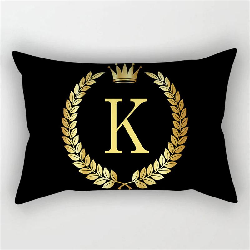 Gold Color Letter Cushion Cover 30x50cm Rectangle Pillow Case Crown Leaves Plant Polyester Black Sofa Pillow Cover Home Decor