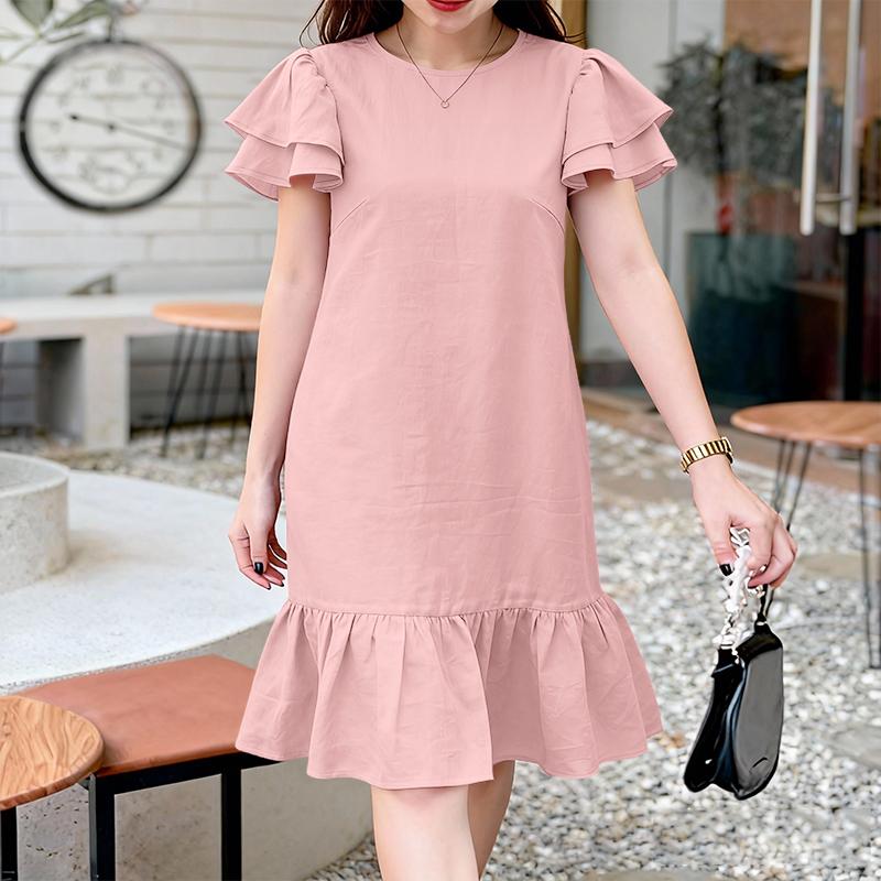 ZANZEA Women Casual Round Neck Ruffles Short Sleeve Loose Dress S розовый