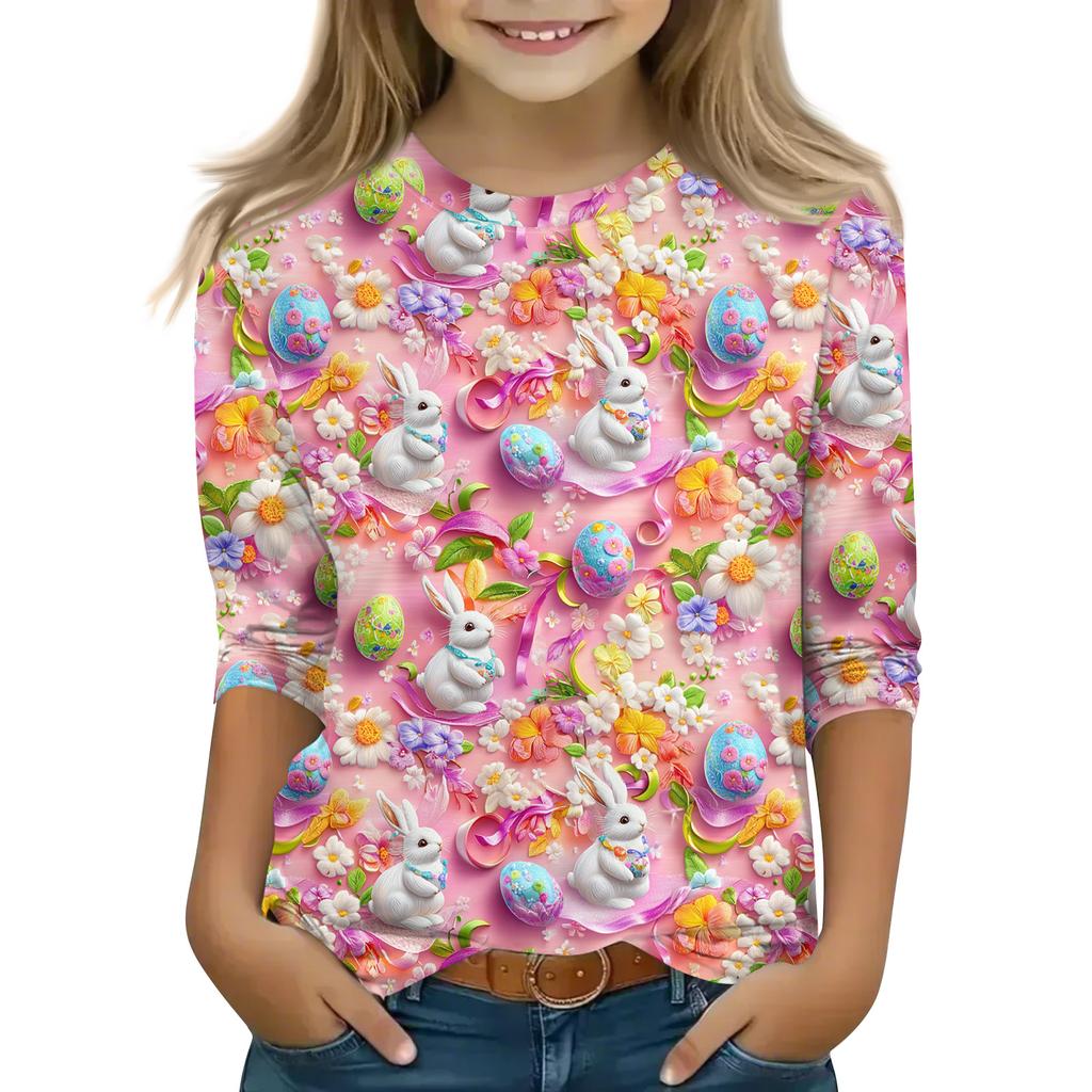 Print Tops For Youth Girls Round Neck 3/4 Sleeves T-Shirts Trendy Tops Outfit Tees