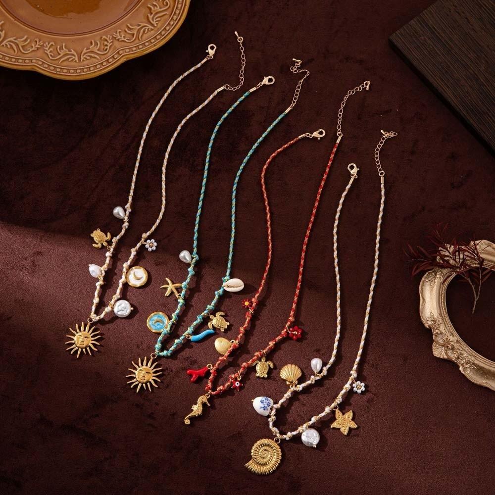 Ocean Style Woven Rope Collarbone Chain 3D Mini Metal Sun Necklace  Men